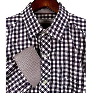 Johnston & Murphy Mens Tailored Fit Navy White Gingham Dress Shirt Size 2‎